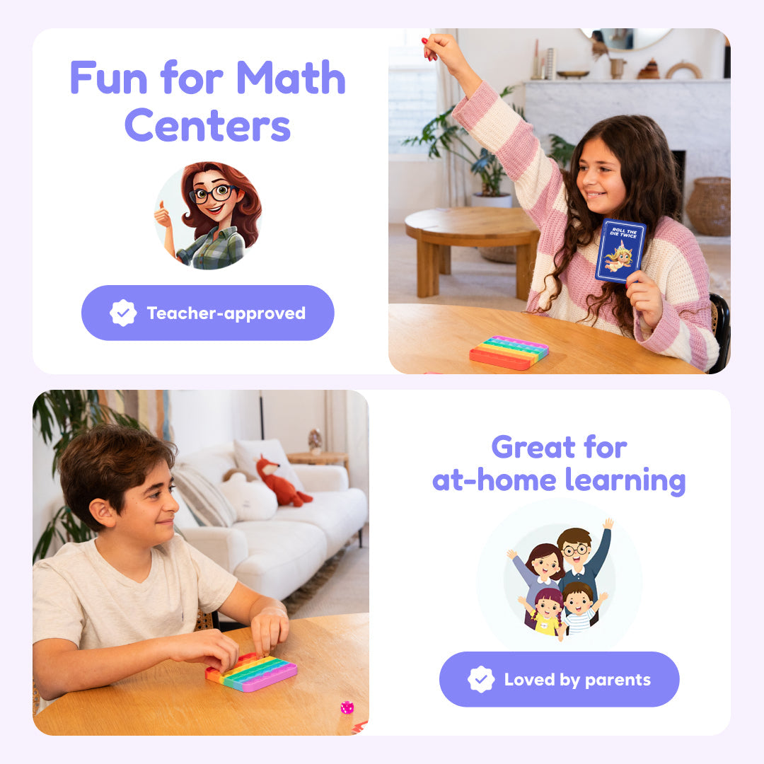 Promotional image for educational products with children using colorful math toys, text about teacher approval and home learning.