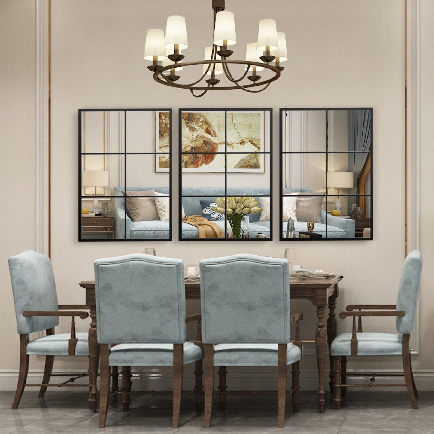 3-Layered Decorative Wall Mirror with Metal Frame for Dining Living Room-Black by DirectDeals
