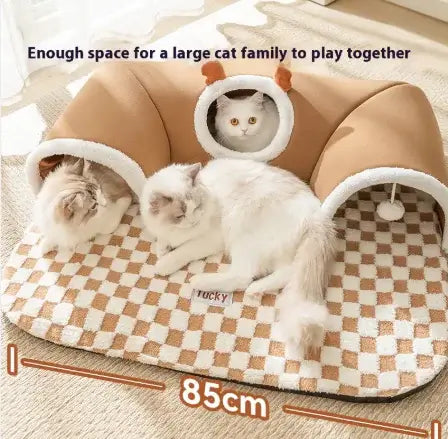 Cat playpen with checkered base and beige top, featuring two cats inside.