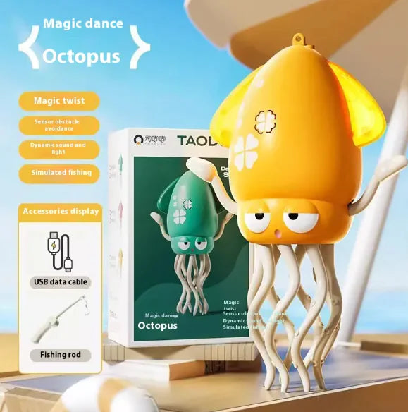 Orange octopus-shaped toy with packaging and accessories on a bright background