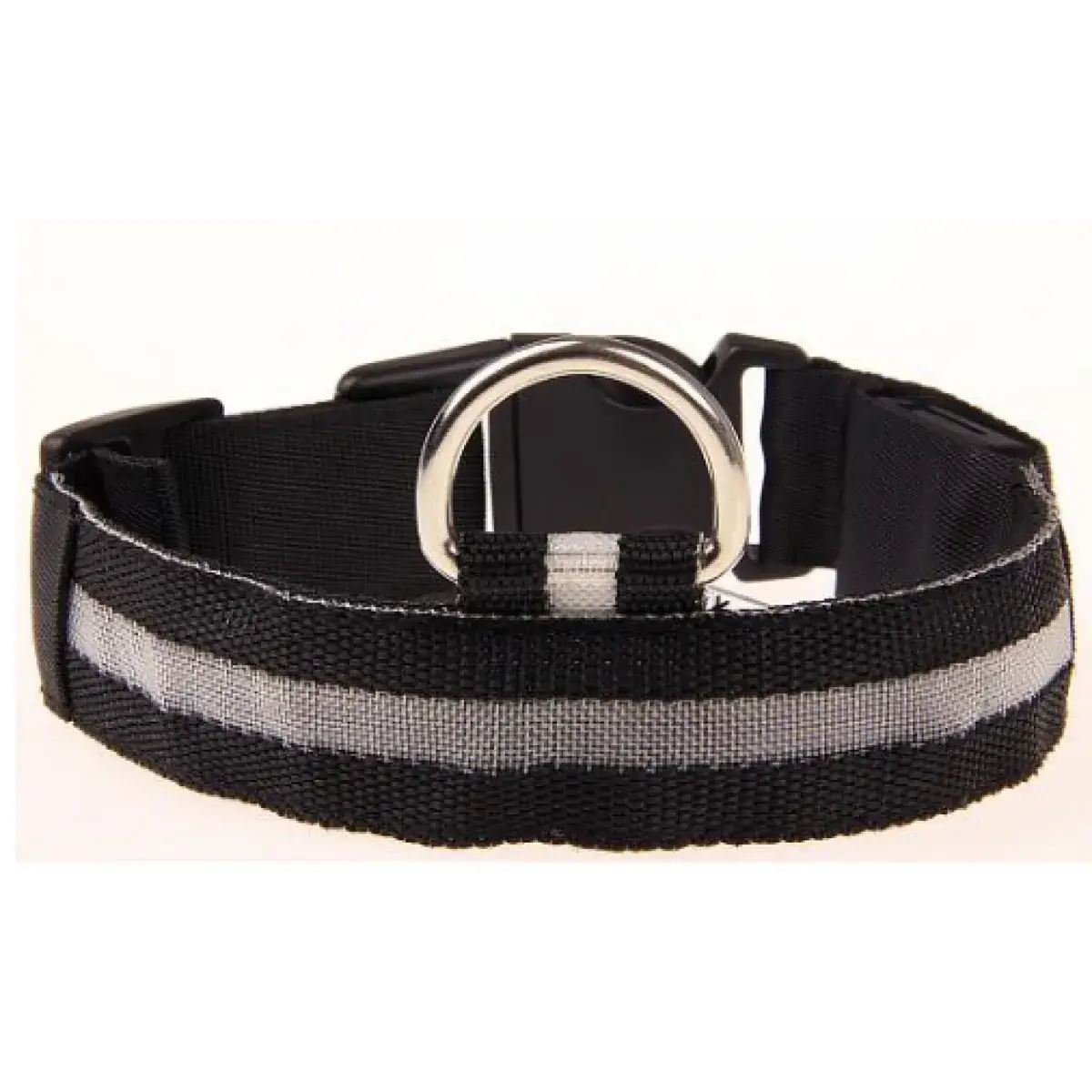 Black and gray striped dog collar with a silver buckle on a white background