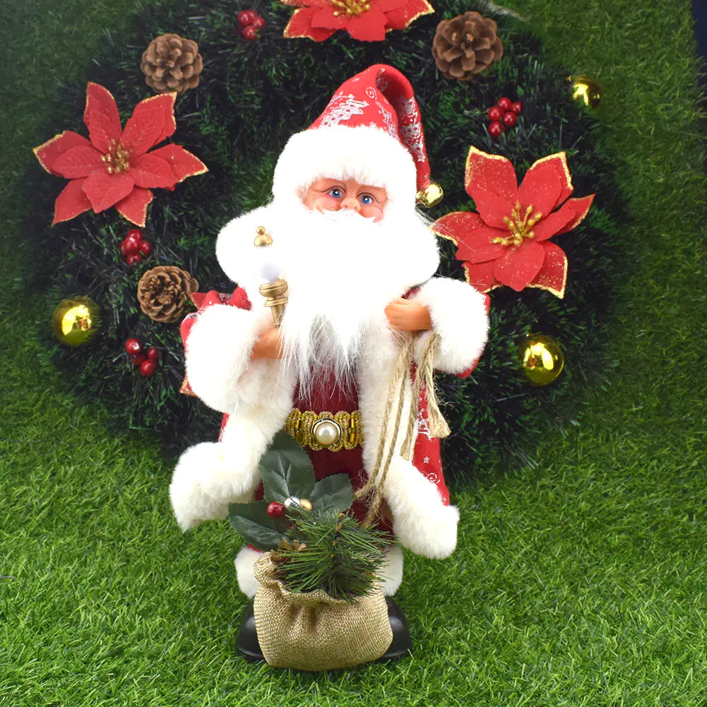 Santa Claus figurine holding a bag with a wreath and poinsettias in the background