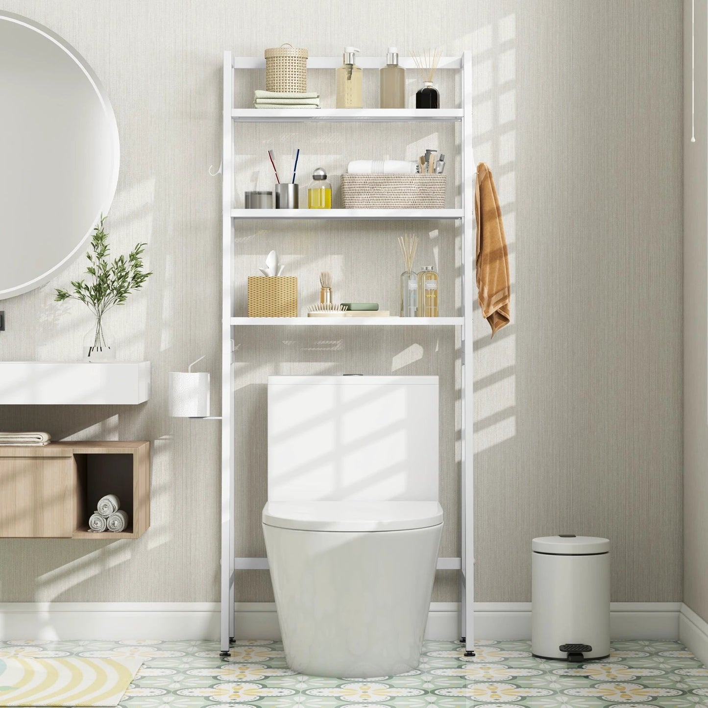 3-Tier Over The Toilet Storage Shelf with Adjustable Bottom Bar-White by DirectDeals