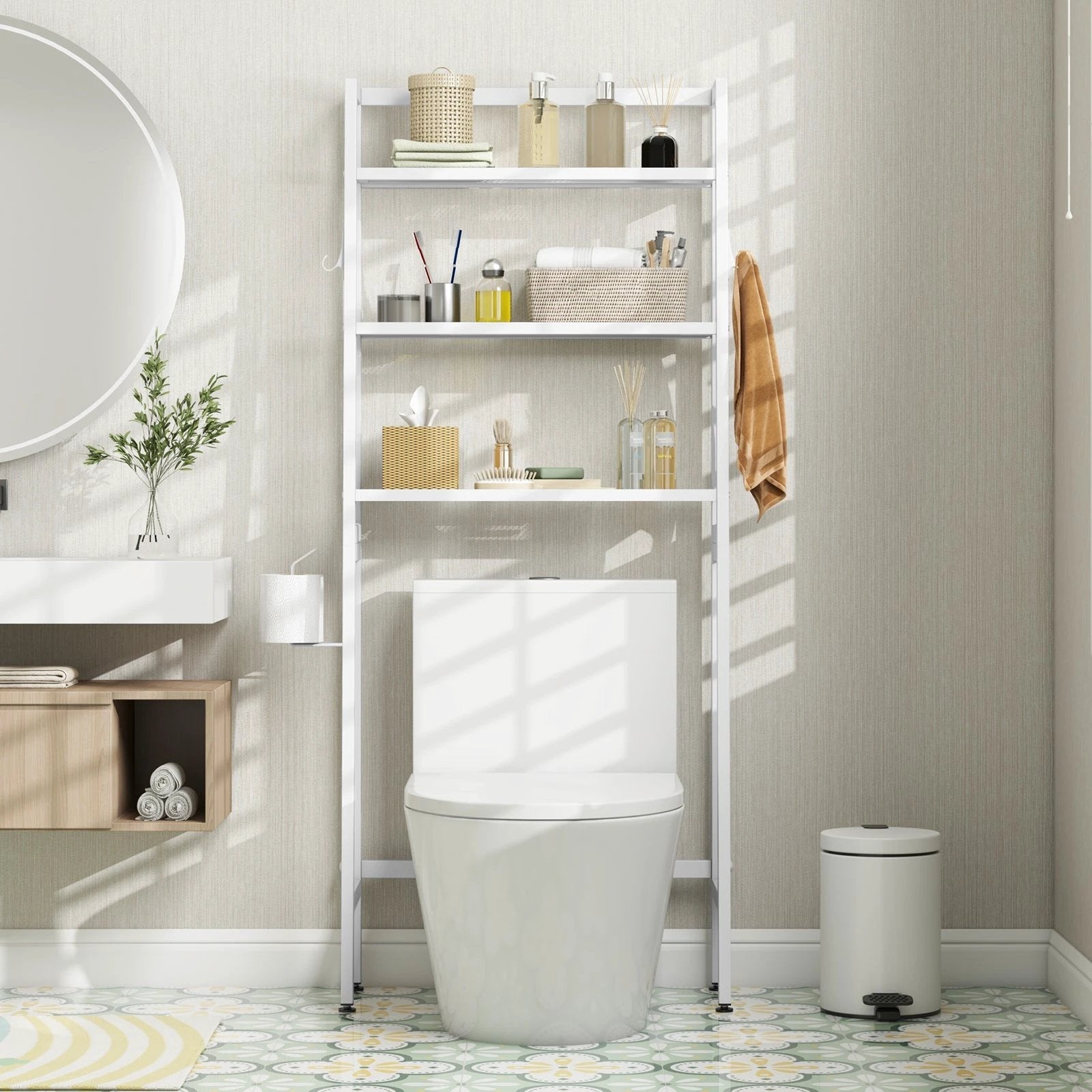 3-Tier Over The Toilet Storage Shelf with Adjustable Bottom Bar-White by DirectDeals