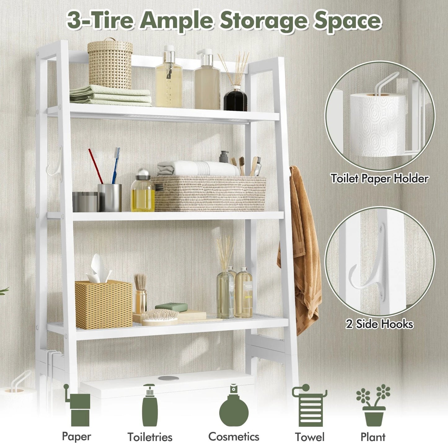 3-Tier Over The Toilet Storage Shelf with Adjustable Bottom Bar-White by DirectDeals
