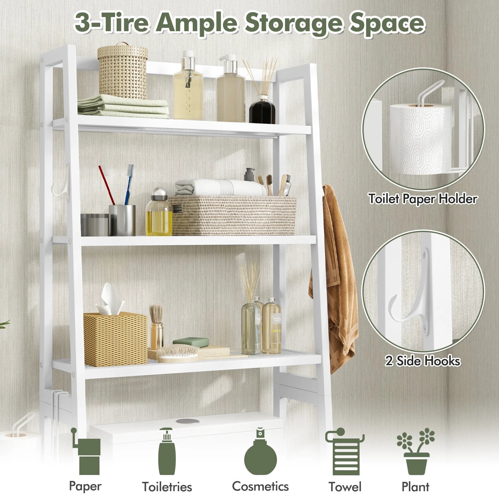 3-Tier Over The Toilet Storage Shelf with Adjustable Bottom Bar-White by DirectDeals