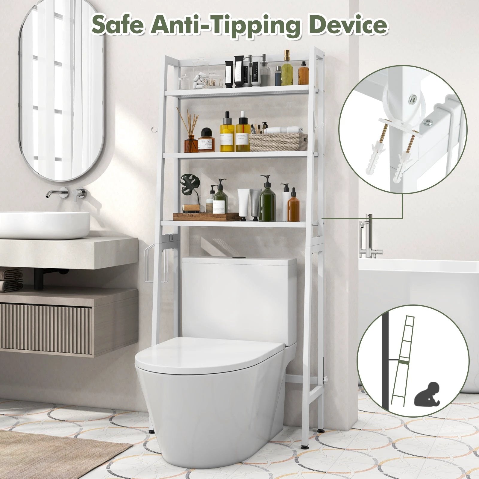 3-Tier Over The Toilet Storage Shelf with Adjustable Bottom Bar-White by DirectDeals