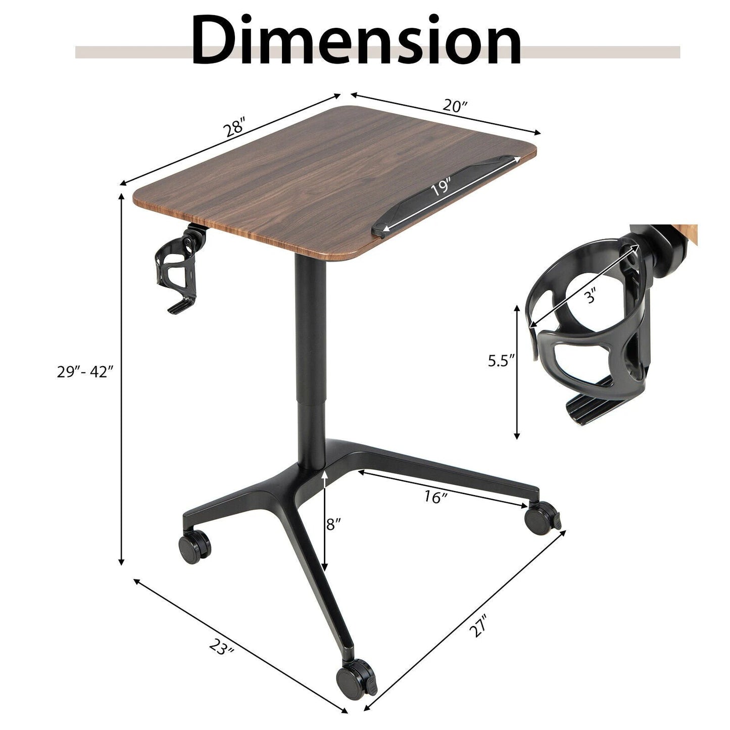 Pneumatic Standing Desk with Anti-fall Baffle and Cup Holder by DirectDeals
