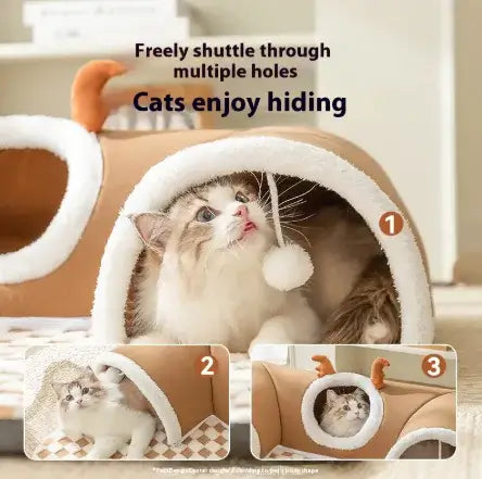 Cat playing with a toy inside a cat house with text indicating features
