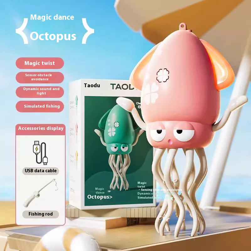 Pink octopus-shaped device with USB cable and packaging on a beach background