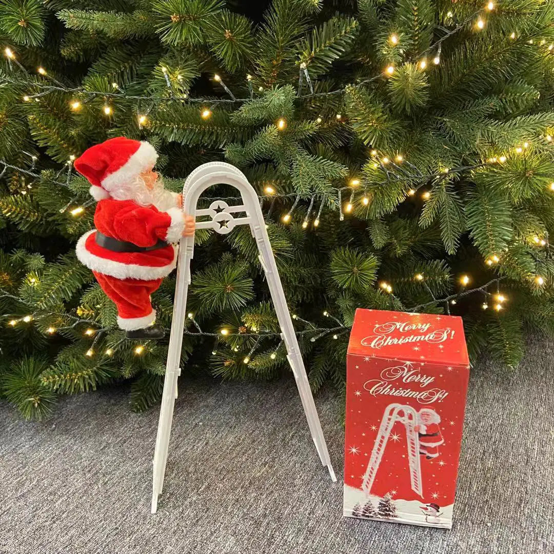 Santa Claus decoration with a ladder and a matching box in front of a Christmas tree.