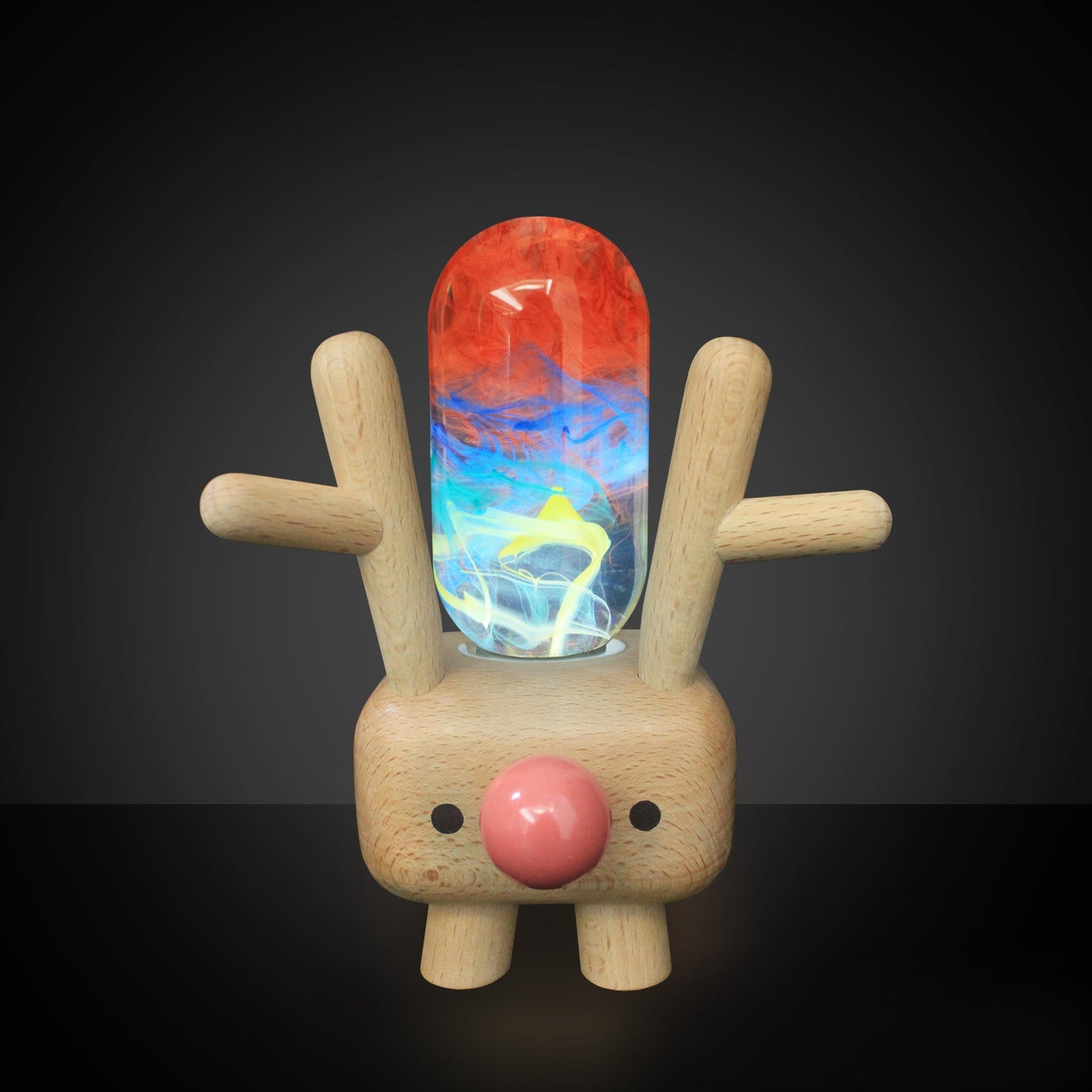Wooden rabbit-shaped lamp with a colorful glass bulb on a black background