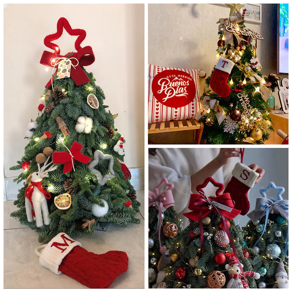 Collage of Christmas trees decorated with lights, ornaments, and stockings.