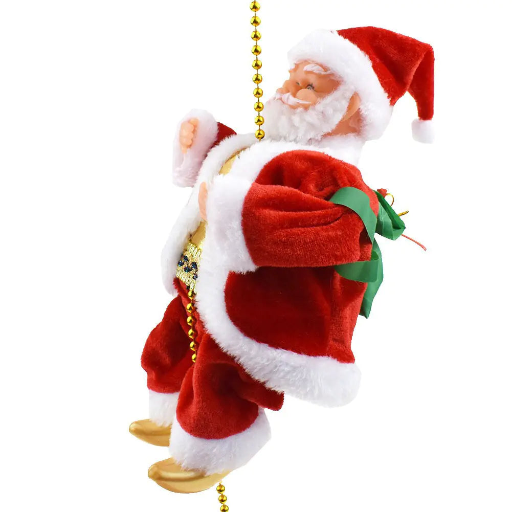 Decorative Christmas ornament of a seated Santa Claus with a green bag on a white background