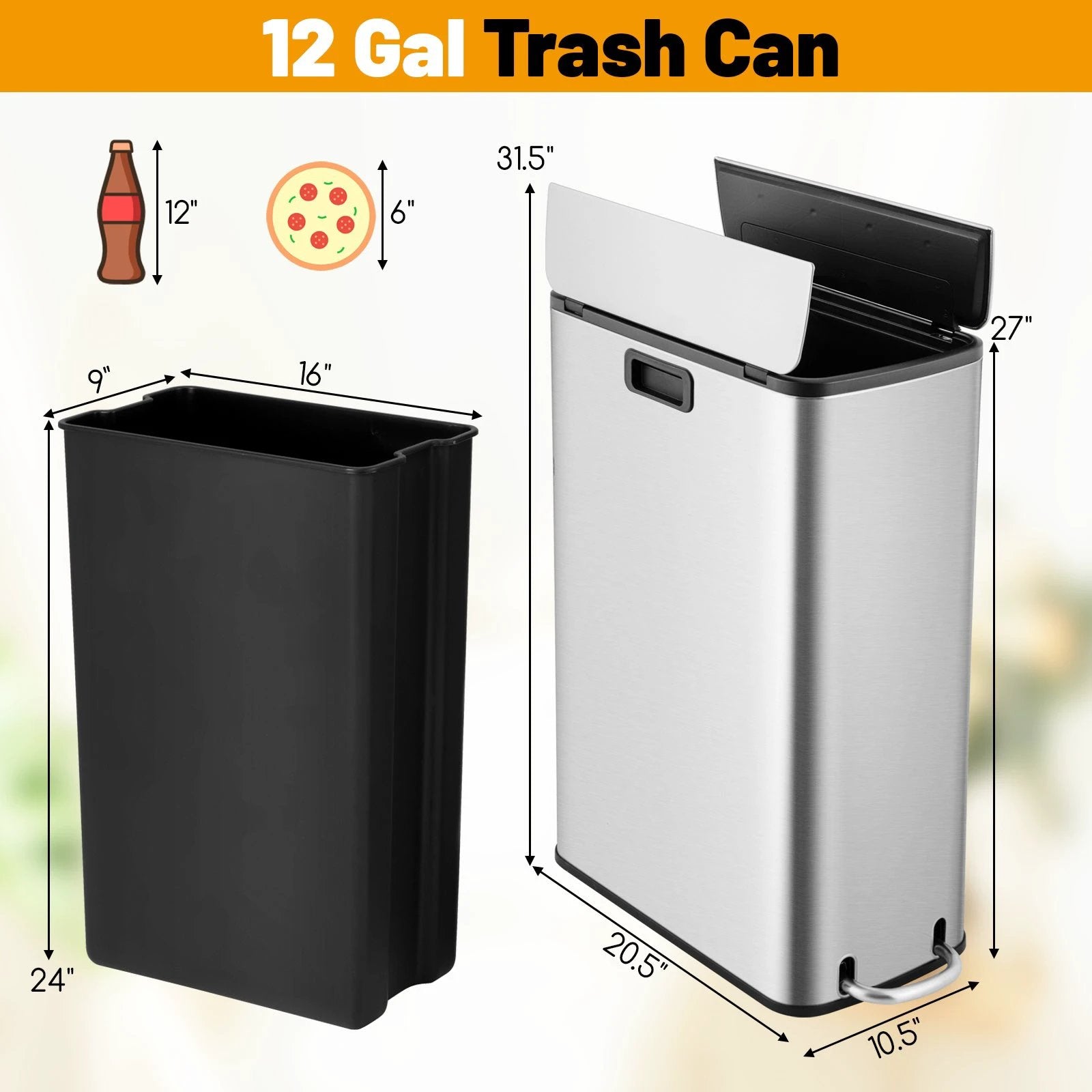 12 Gal Stainless Steel Trash Can with Soft-Closing Wing Lids-Silver by DirectDeals