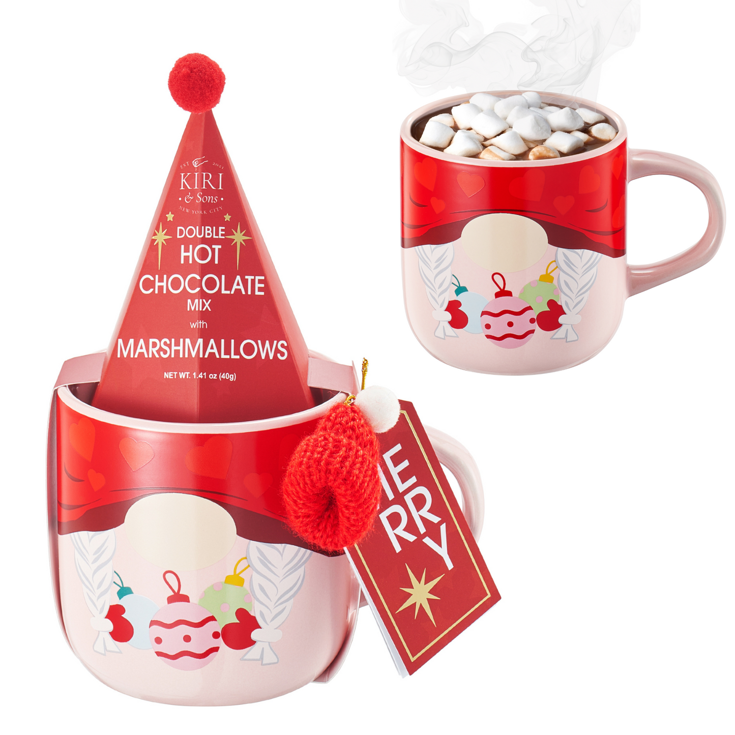 Christmas-themed hot chocolate set with mug, festive cone, and marshmallows on a white background