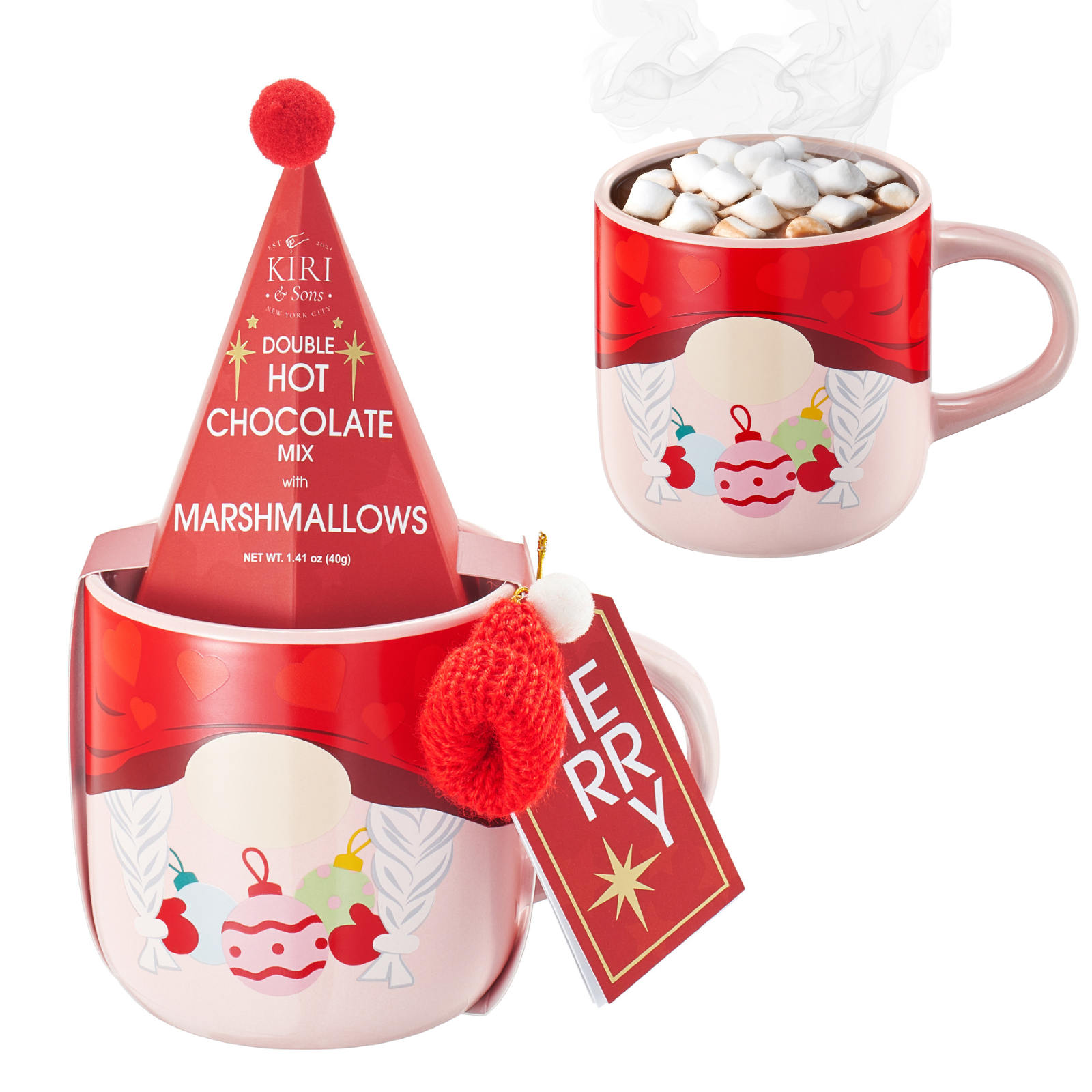 Christmas-themed hot chocolate set with mug, festive cone, and marshmallows on a white background