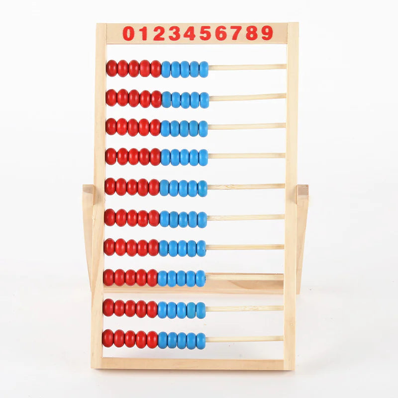 Wooden abacus with red and blue beads on a white background