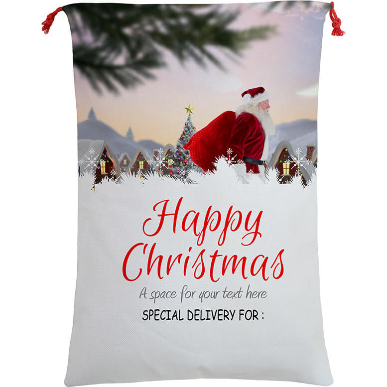 White gift sack with Santa Claus design and 'Happy Christmas' text, suitable for personalization.