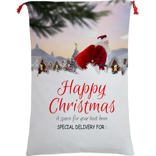 White gift sack with Santa Claus design and 'Happy Christmas' text, suitable for personalization.