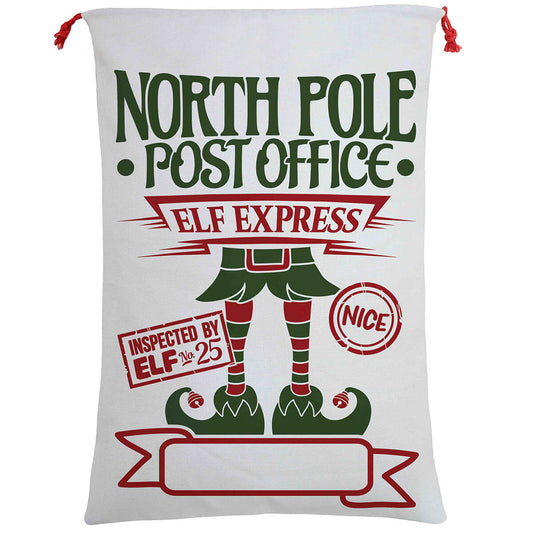 White sack with Christmas-themed design featuring an elf and text on a white background
