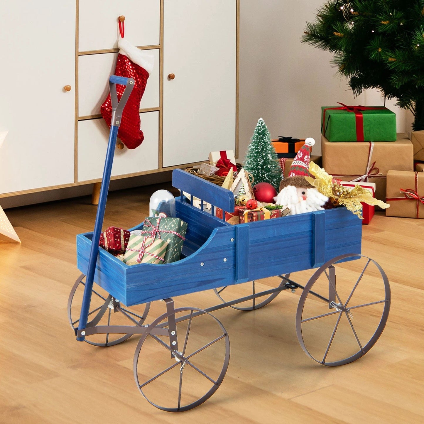Wooden Wagon Plant Bed with Metal Wheels for Garden Yard Patio-Blue by DirectDeals