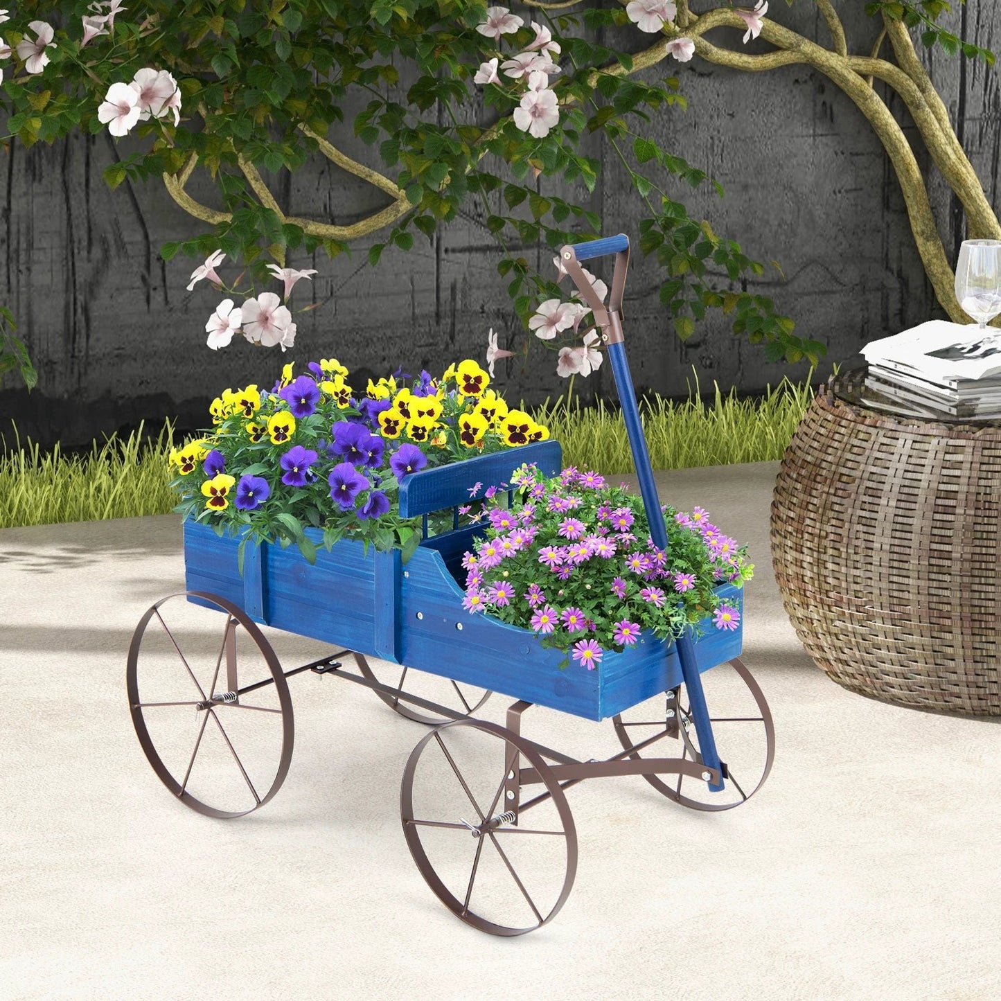 Wooden Wagon Plant Bed with Metal Wheels for Garden Yard Patio-Blue by DirectDeals