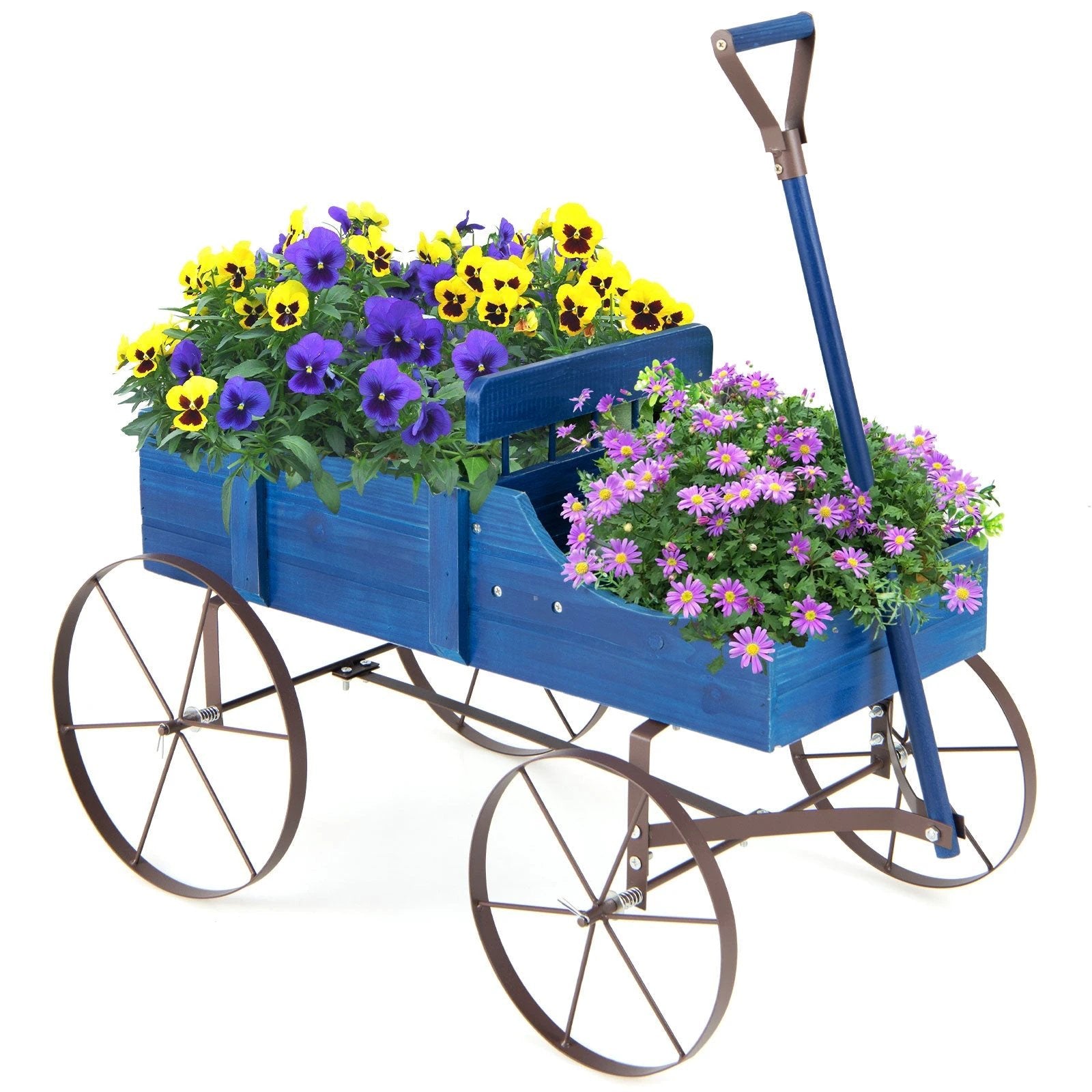Wooden Wagon Plant Bed with Metal Wheels for Garden Yard Patio-Blue by DirectDeals