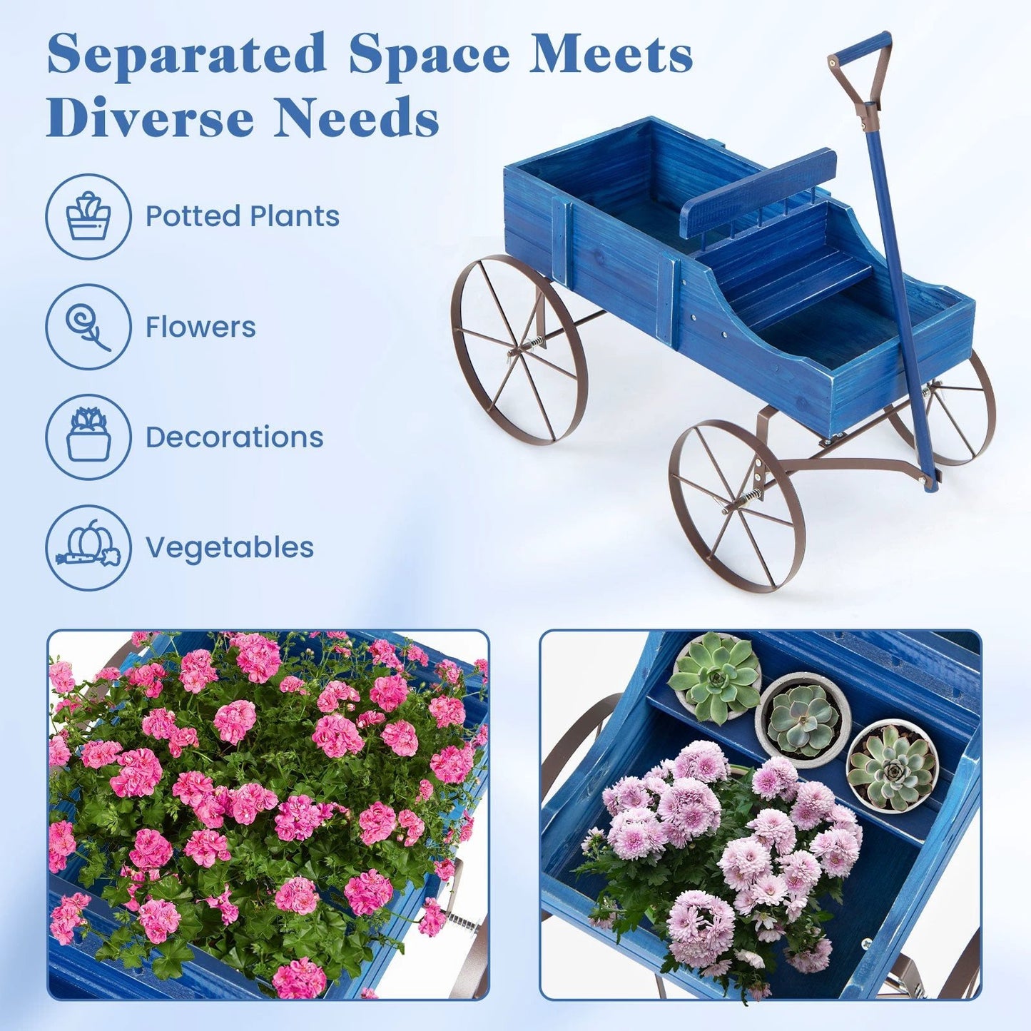 Wooden Wagon Plant Bed with Metal Wheels for Garden Yard Patio-Blue by DirectDeals