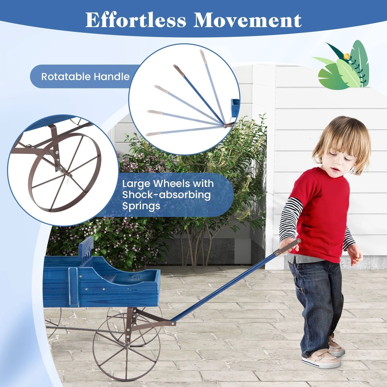 Wooden Wagon Plant Bed with Metal Wheels for Garden Yard Patio-Blue by DirectDeals