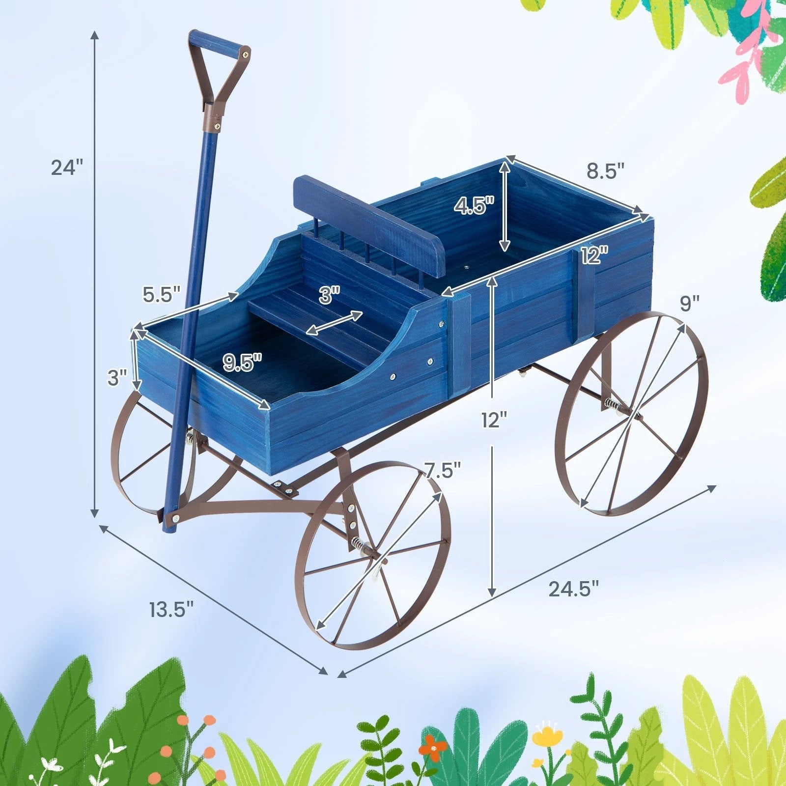 Wooden Wagon Plant Bed with Metal Wheels for Garden Yard Patio-Blue by DirectDeals