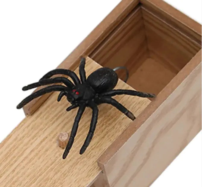 Black spider toy inside a wooden box on a white background