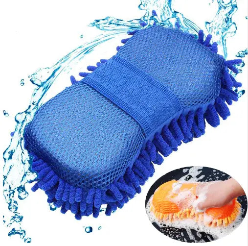 Blue microfiber cleaning brush with water splashes and a close-up of use on a black surface.