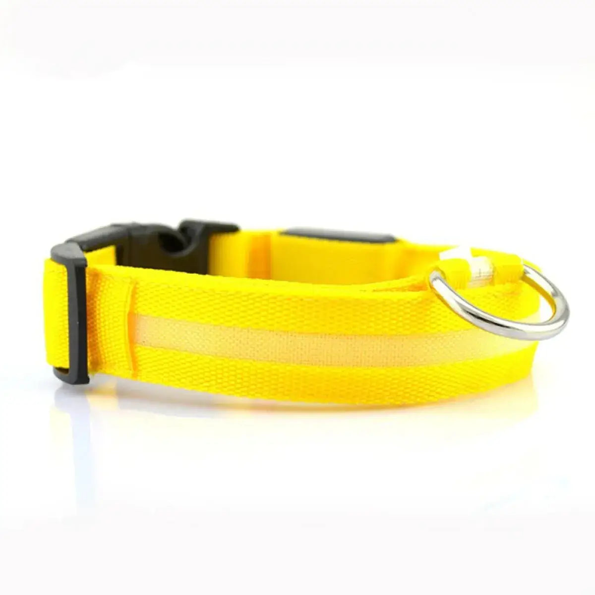 Yellow dog collar with a black buckle on a white background