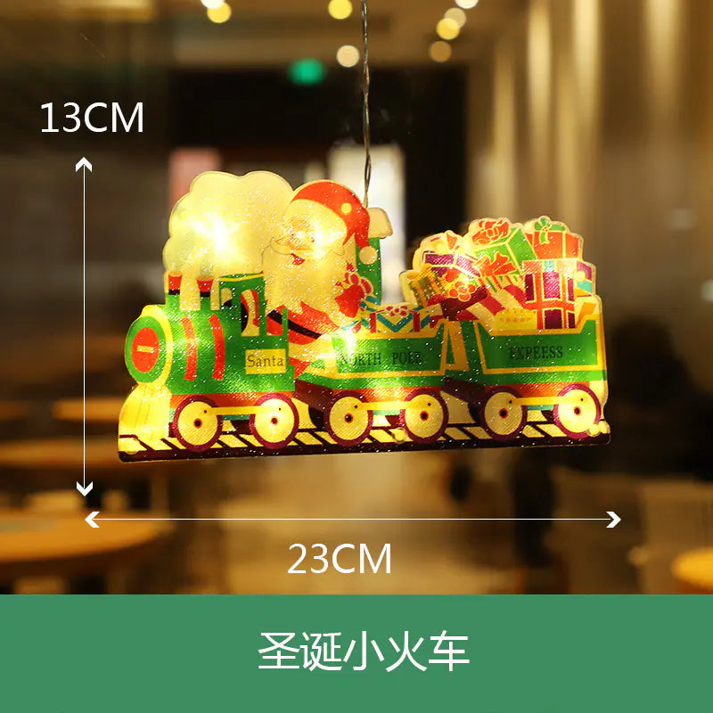 Decorative Christmas train with measurements on a blurred background