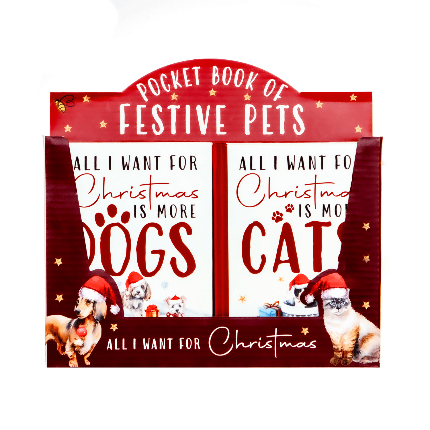 Pocket book of festive pets with Christmas-themed text and images on a white background