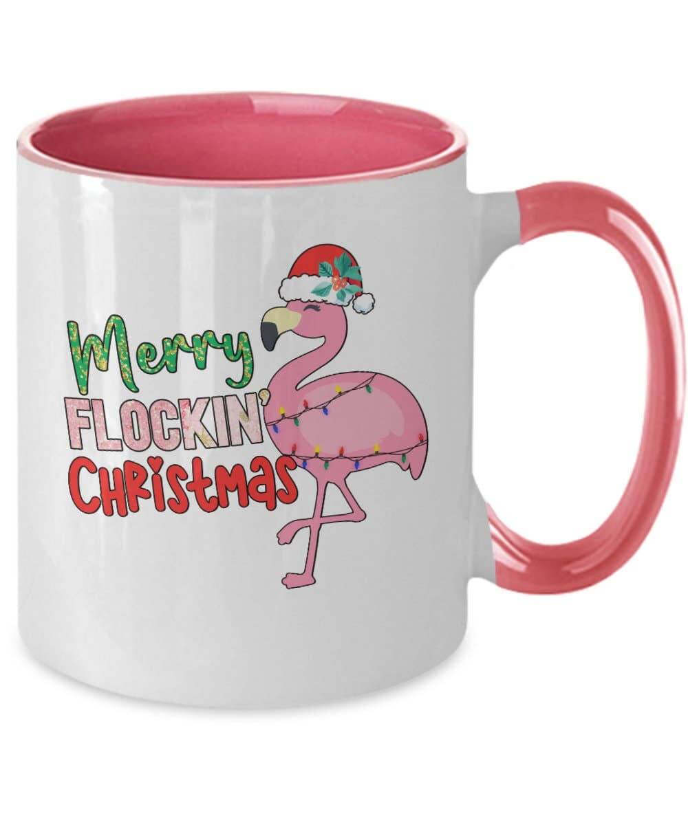 Mug with a pink flamingo design and Christmas text on a white background