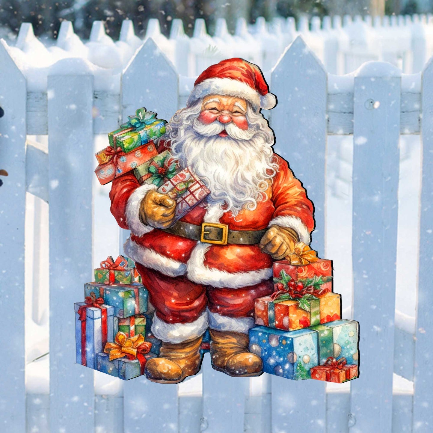 Illustration of Santa Claus with gifts against a white picket fence