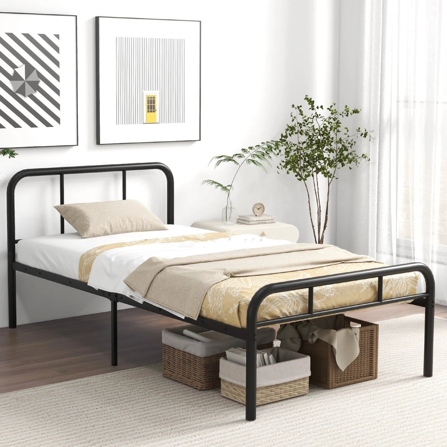 Modern Metal Platform Bed with Headboard and Footboard-Black by DirectDeals