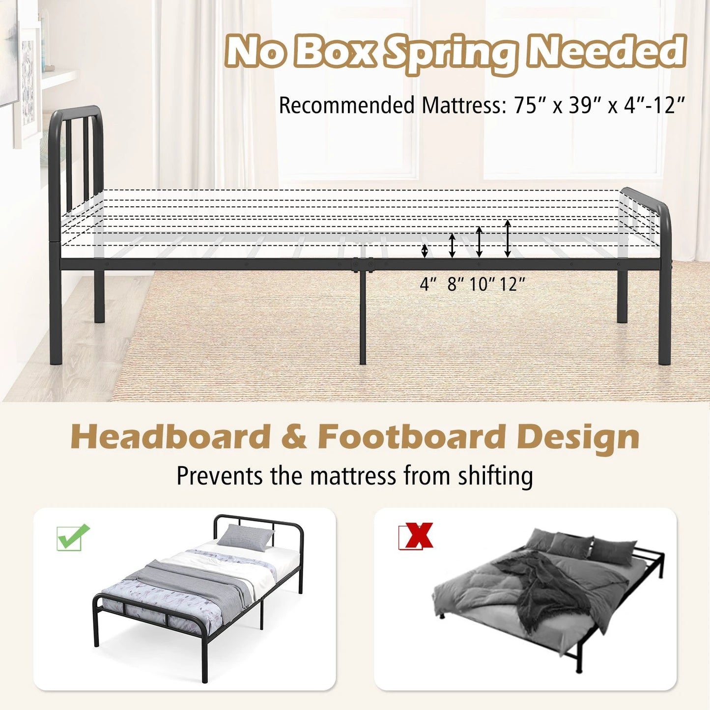 Modern Metal Platform Bed with Headboard and Footboard-Black by DirectDeals