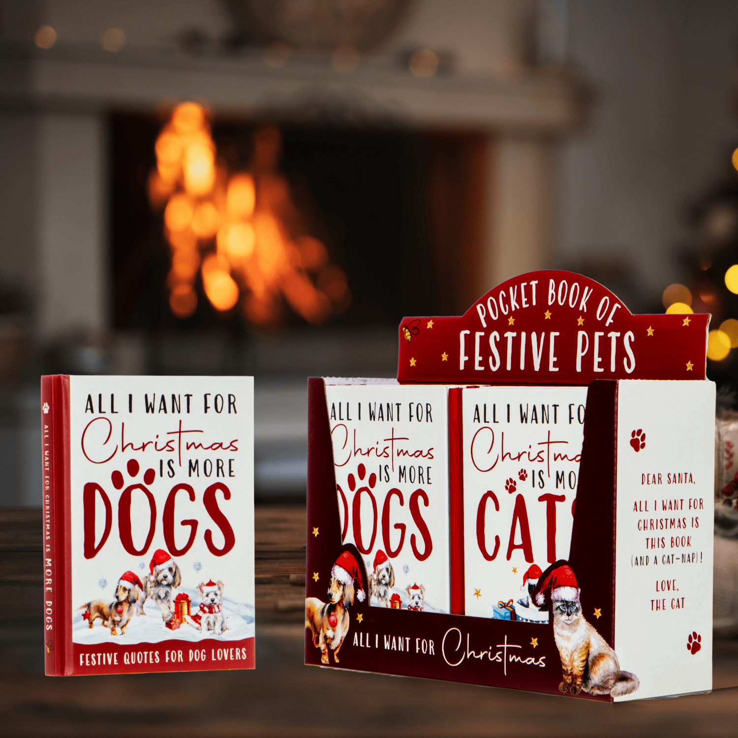 Pocket book of festive pets with Christmas-themed design in front of a fireplace.