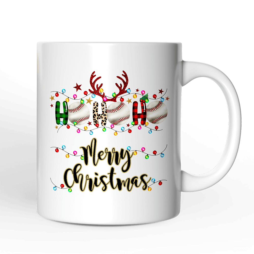 White mug with Christmas-themed design featuring reindeer, presents, and lights on a black background.