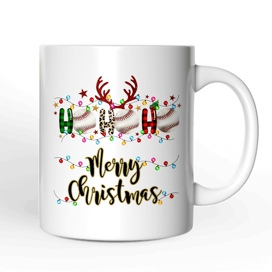 White mug with Christmas-themed design featuring reindeer, presents, and lights on a black background.