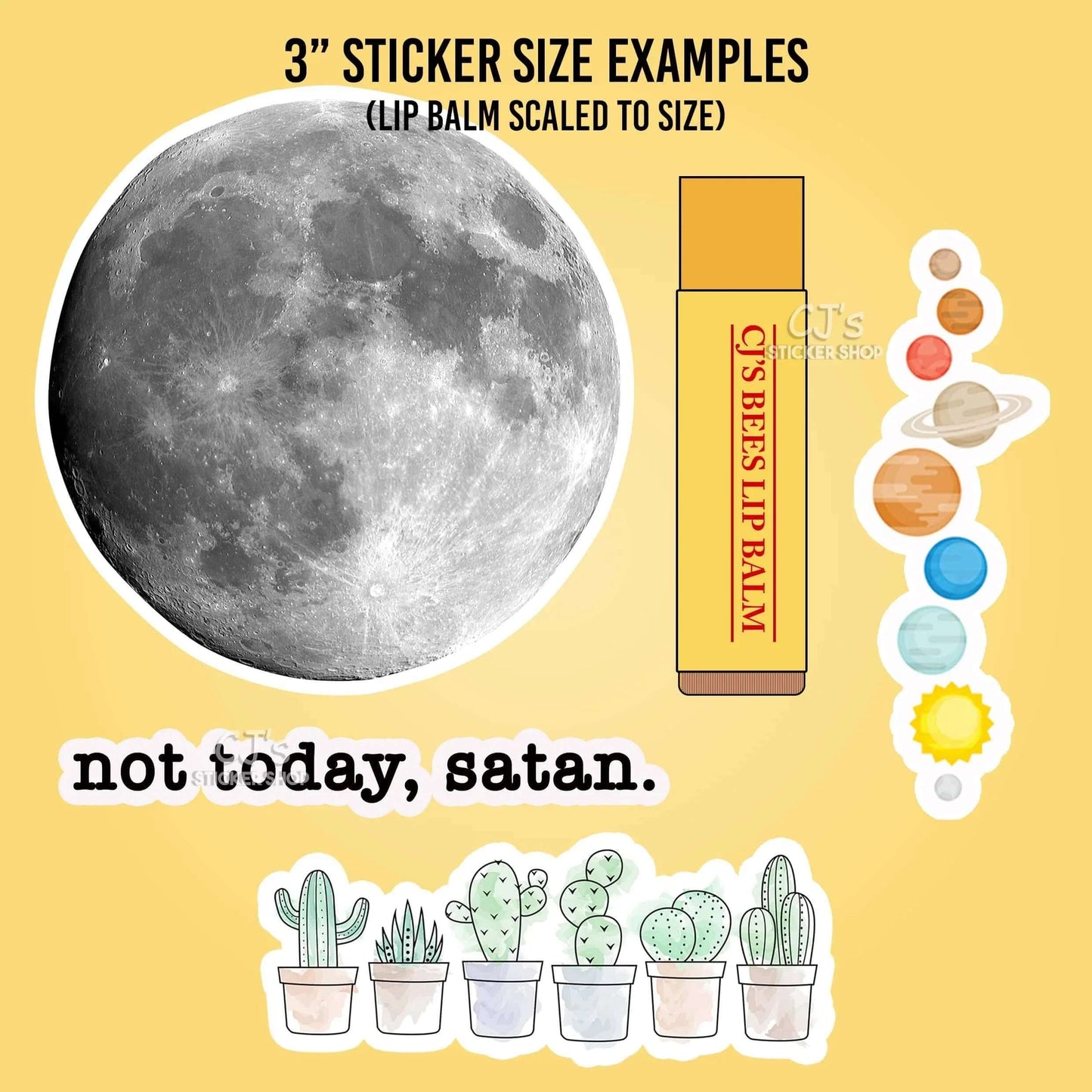 Comparison of a 3-inch sticker size with a moon, lip balm, and various stickers on a yellow background.