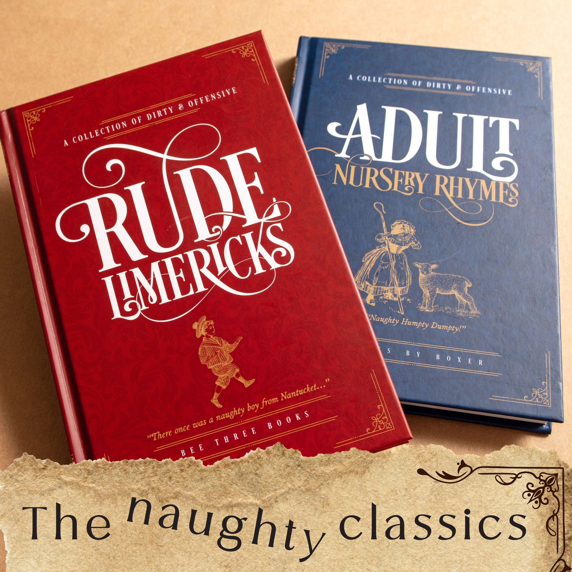 Two books titled 'Rude Limericks' and 'Adult Nursery Rhymes' on a beige background with text 'The naughty classics'.