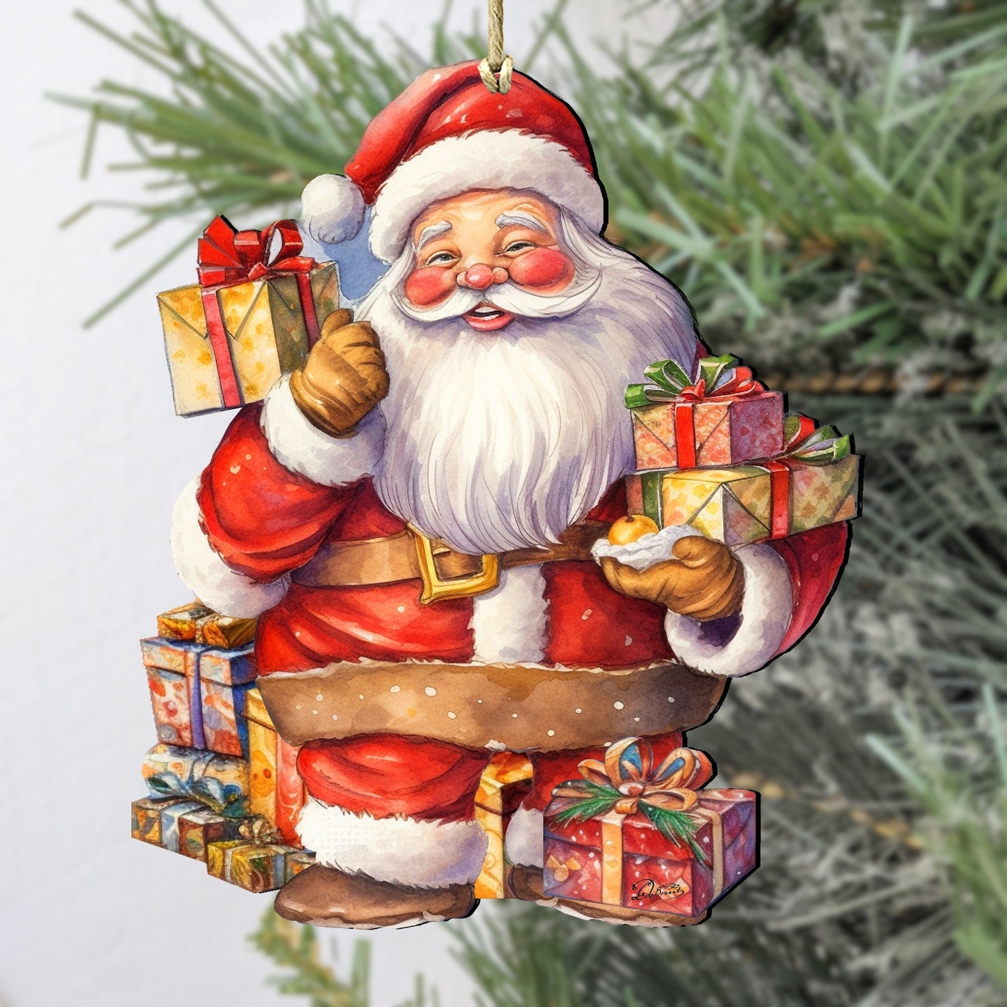 Decorative Christmas ornament of Santa Claus with gifts against a green tree background