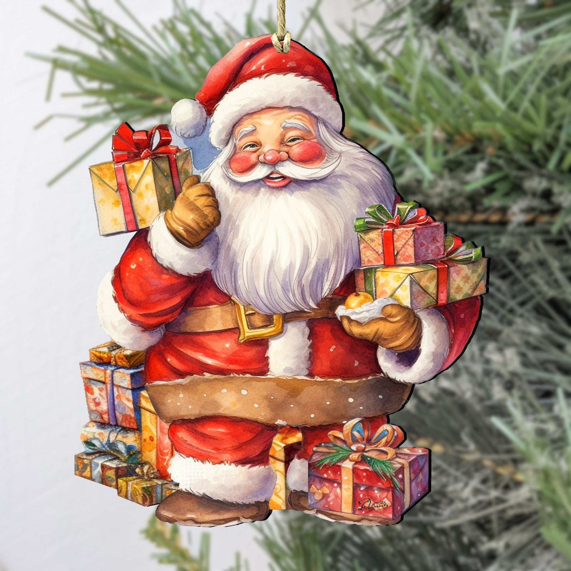 Decorative Christmas ornament of Santa Claus with gifts against a green tree background