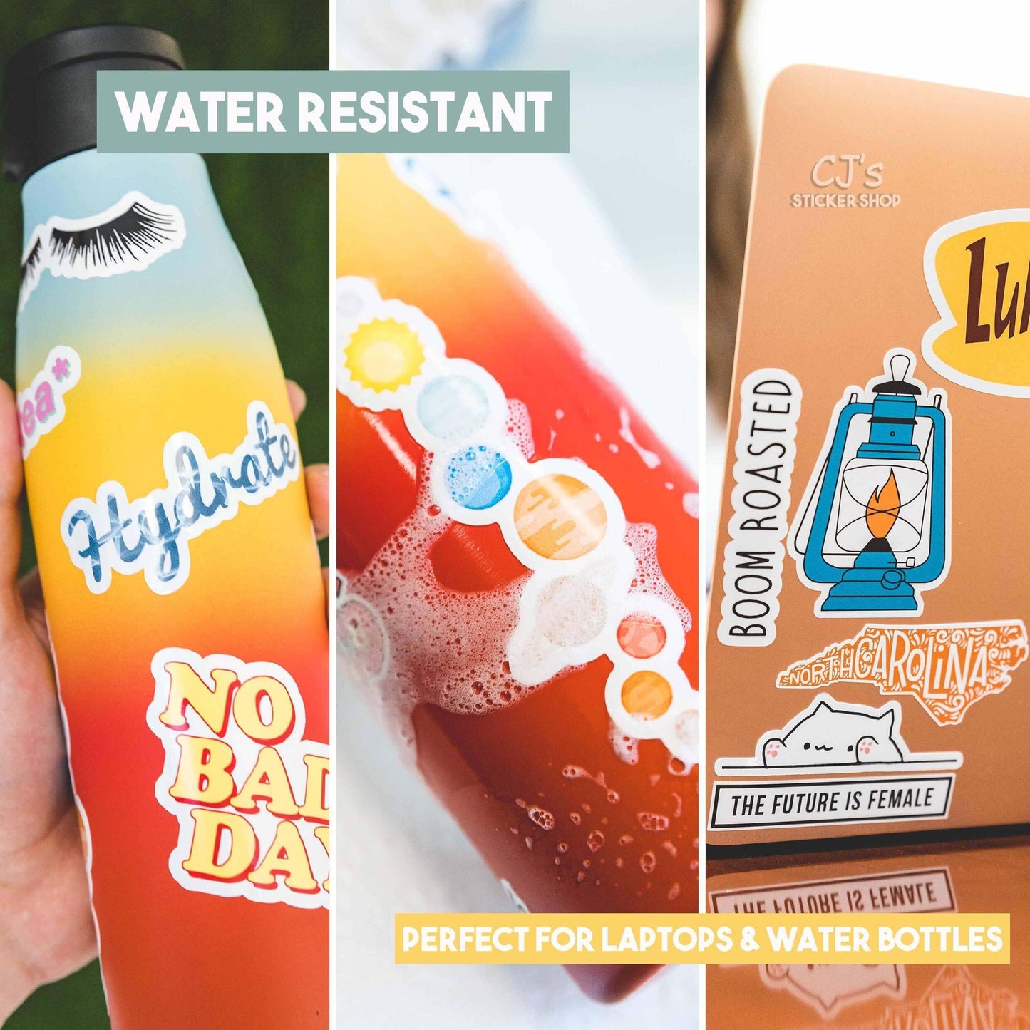 Collage of water bottles with stickers and text, including 'Hydrate', 'No Bad Day', and 'Boom Roasted'.