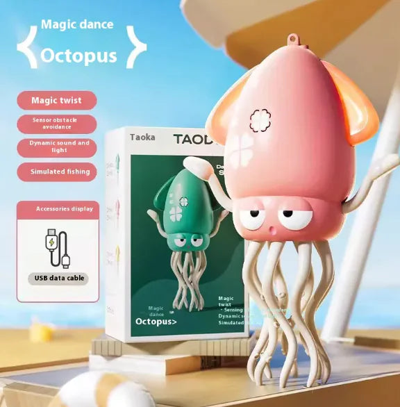 Toy octopus with packaging and USB cable on a beach background