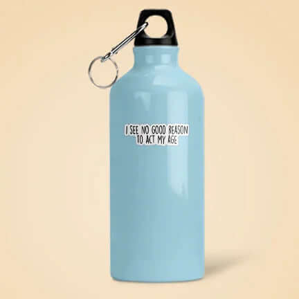 Light blue water bottle with black carabiner on beige background